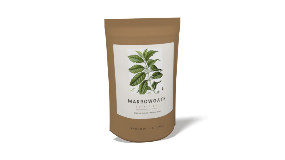 A kraft coffee pouch with a coffee-plant plate