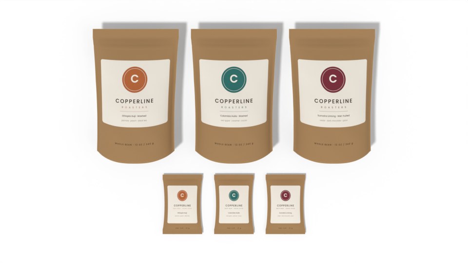 Three coffees and their drip bags, from above